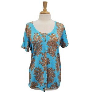 Quacker Factory Button Front Embellished Short Sleeve Knit Top Size M Blue Brown
